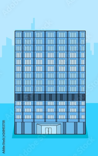 One blue business building on background with city shapes 