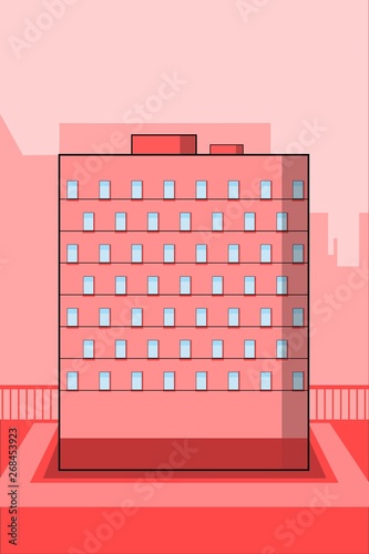 One red living building on background with city shapes