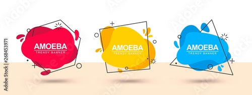Set of trendy abstract banners. Flat banners of geometric shapes in different colors with a black outline in the style of a memphis design. Ready template for use in web, ad and print design.