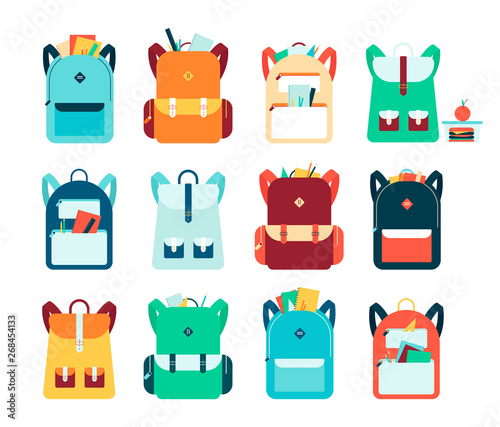 Set of backpacks or schoolbags flat style vector illustration isolated on white.