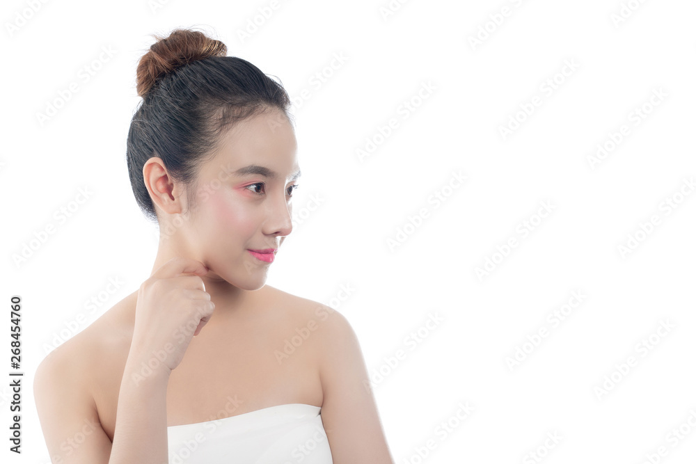 Beautiful young woman with a happy smile Facial expressions and gestures by hand, beauty concepts and spa Beautiful young woman with a happy smile Facial expressions and gestures by hand, beauty concepts and spa