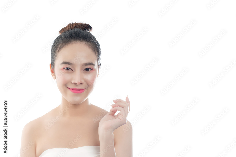 Beautiful young woman with a happy smile Facial expressions and gestures by hand, beauty concepts and spa