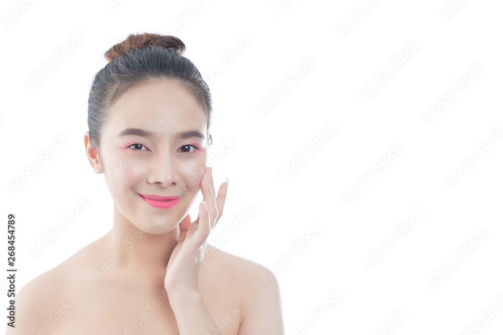 Beautiful young woman with a happy smile Facial expressions and gestures by hand, beauty concepts and spa Beautiful young woman with a happy smile Facial expressions and gestures by hand, beauty concepts and spa