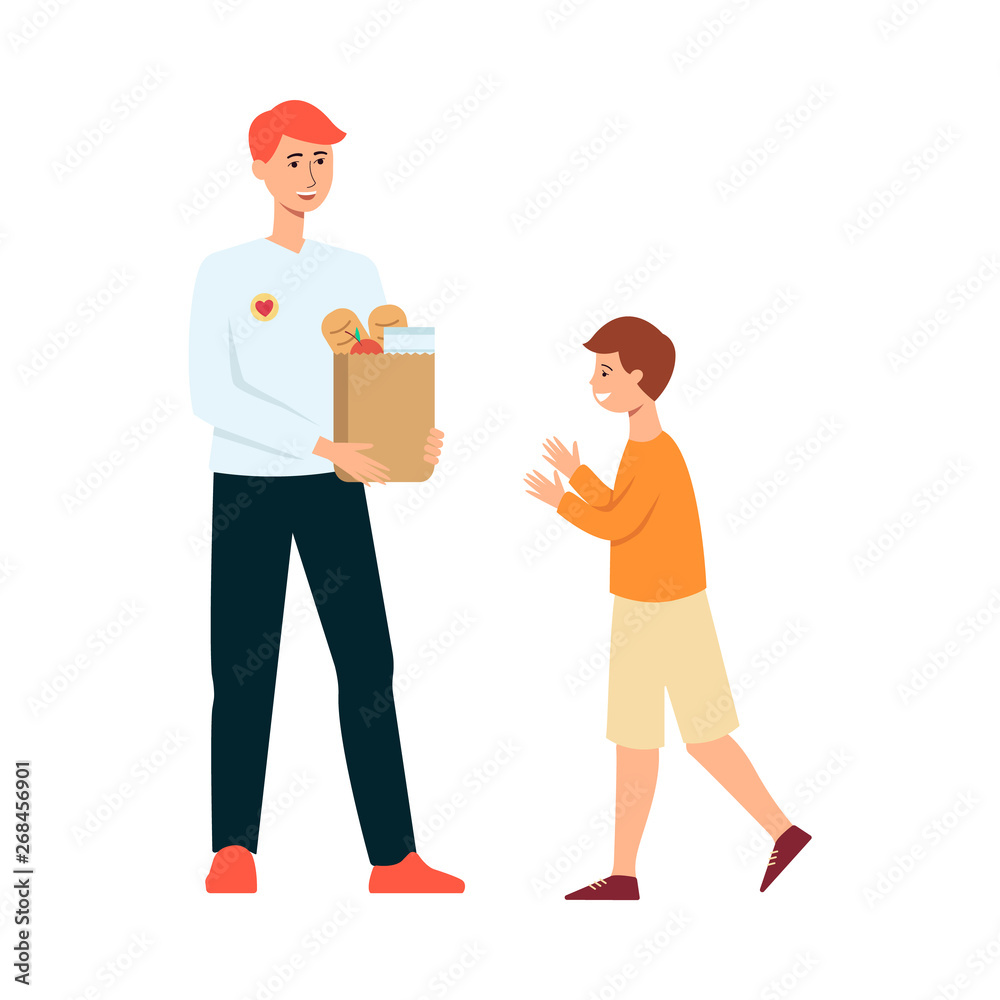 Volunteer man gives food donation to hungry child Volunteer man gives food donation to hungry child