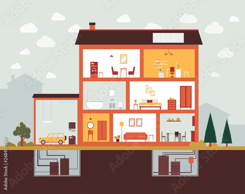 Big house cut section with home interior design and furniture