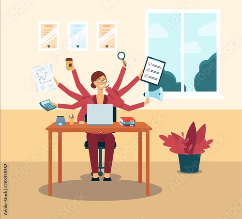 Multitasking business woman or manager with several hands flat vector illustration.