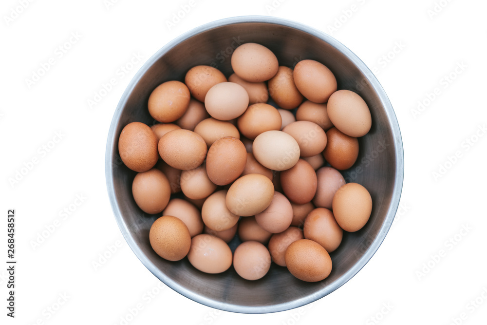 Isolated top view of boiled eggs in stainless bowl. Isolated top view of boiled eggs in stainless bowl.