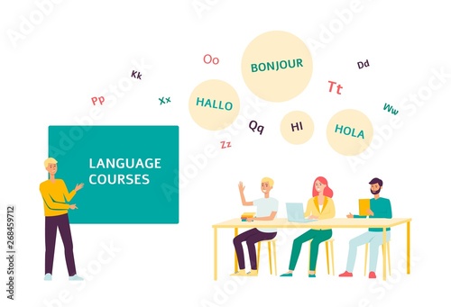 Language education courses at university, young people sitting at school desk,