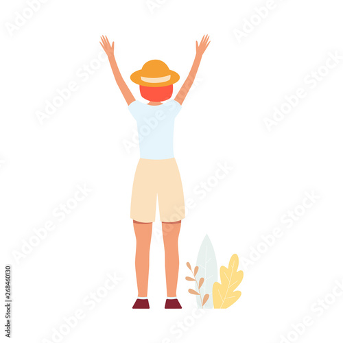 Back side of woman in shorts and hat standing arms raised up cartoon style