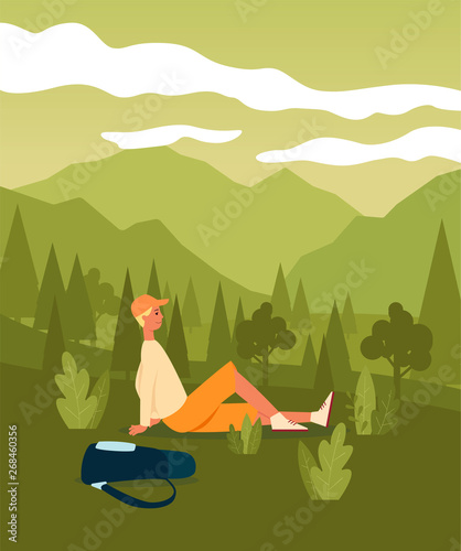 Man in cap sitting on hill in green grass with bag lying nearby cartoon style