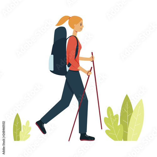 Woman with backpack and hiking sticks is walking through leaves cartoon style