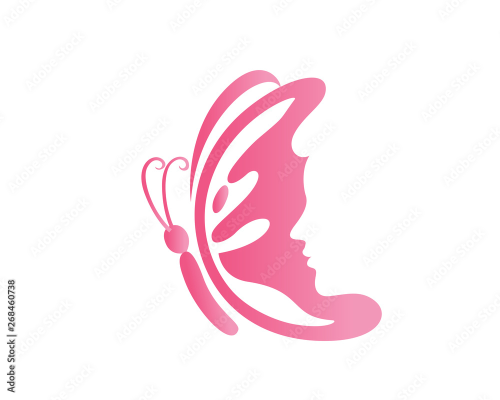 Obraz premium Modern Beauty Healthcare Female Face And Butterfly Logo Illustration In Isolated White Background