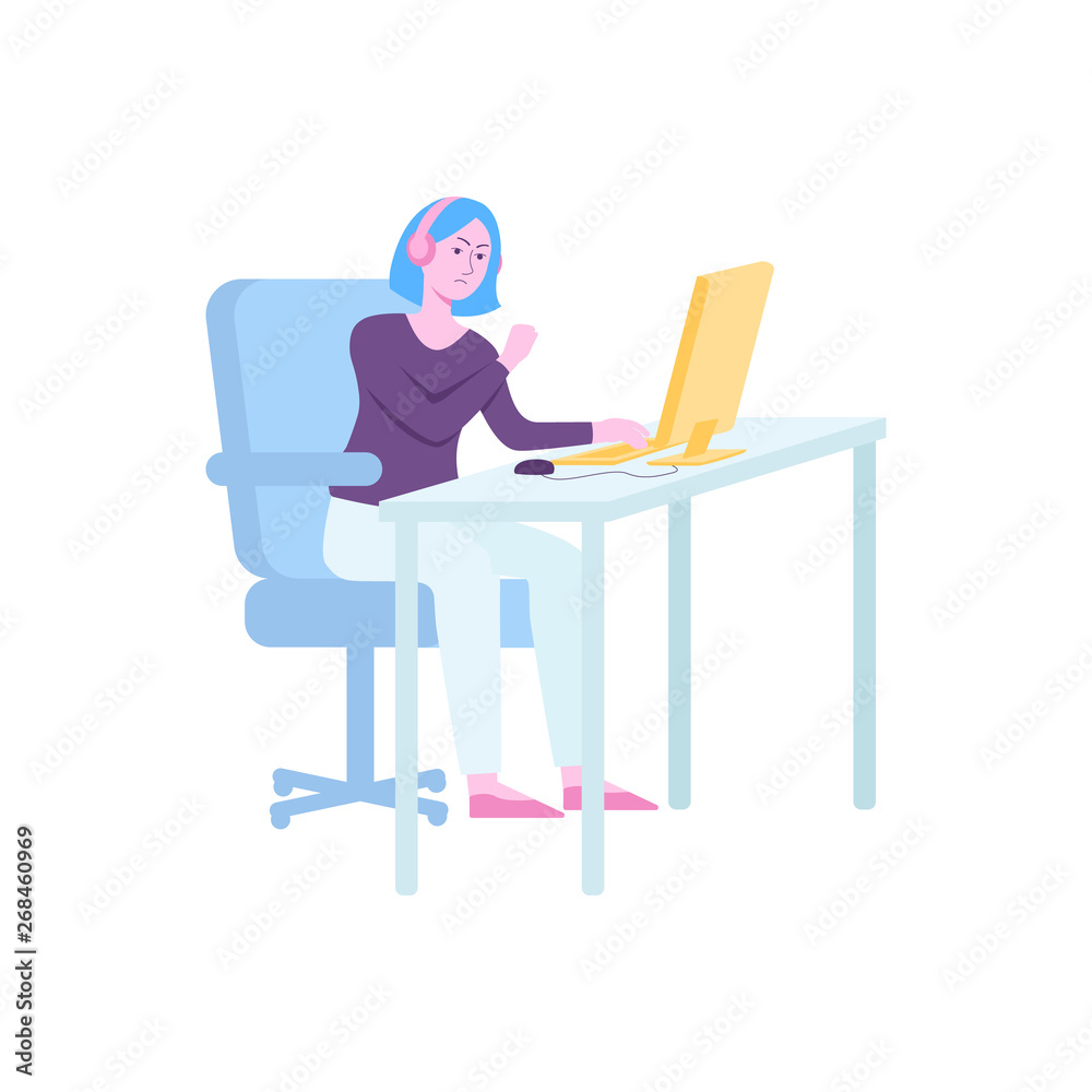 Angry girl playing videogame on computer, hand drawn female cartoon character gamer with headphones sitting behind desk and waving fist at screen Angry girl playing videogame on computer, hand drawn female cartoon character gamer with headphones sitting behind desk and waving fist at screen