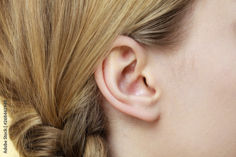 Close up on female ear and braid hair Close up on female ear and braid hair
