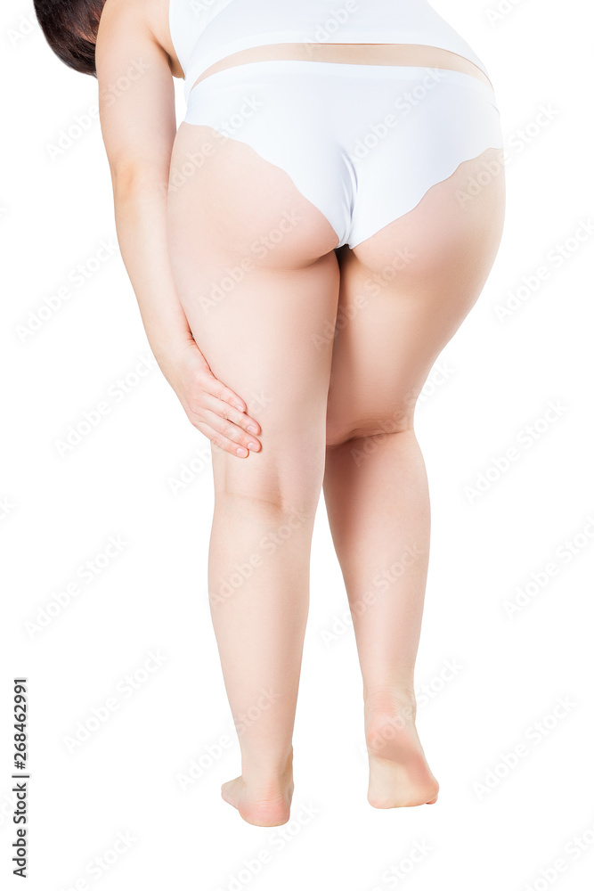 Woman suffering from pain in the leg, isolated on white background