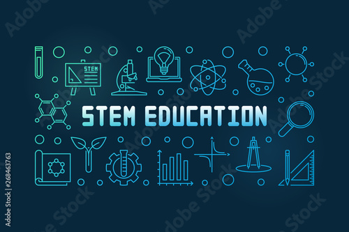 STEM Education vector colorful concept linear horizontal illustration or banner on dark background