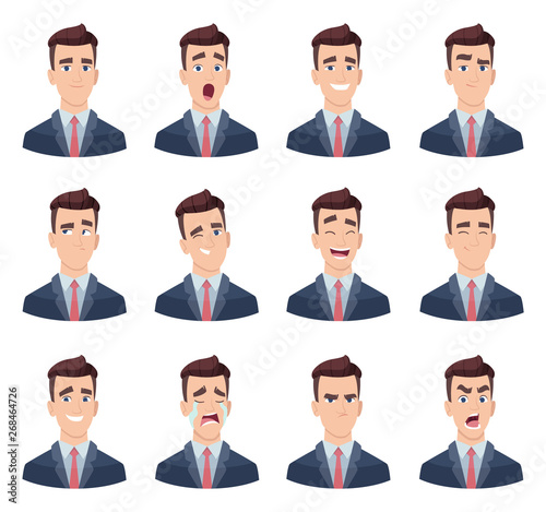 Businessman emotions. Male characters with various face emotions sadness joy hate laughter anger smile fear vector pictures. Illustration of emotion sad and joy face, cheerful and angry