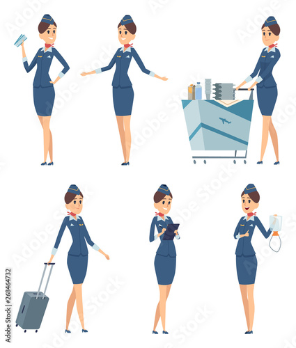 Stewardess. Woman hostess professional blue uniform of boarding airplane girl vector cartoon characters. Stewardess and hostess attendant illustration