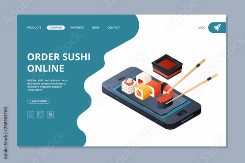 Food delivery. Sushi seafood landing website page design template online delivery vector business landing. Illustration of roll seafood order online