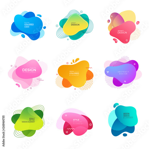 Memphis logo. Abstract decorative colored shapes paint design projects vector template. Memphis dynamic colored fluid illustration