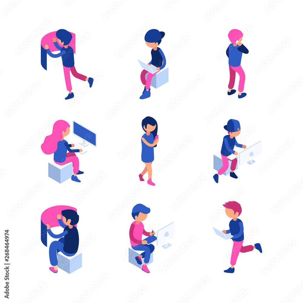 Isometric characters. Working people touching screen computer laptop interactive application digital creative work vector isometric. Illustration of people isometric with device Isometric characters. Working people touching screen computer laptop interactive application digital creative work vector isometric. Illustration of people isometric with device