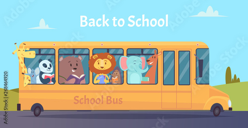 School bus. Zoo animals characters back to school on yellow bus vector learning education concept. School bus with animals drive to education illustration