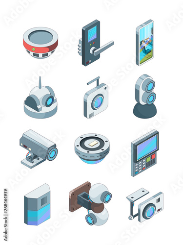 Security cameras. Smart wireless alarm home secure cctv device surveillance vector isometric pictures isolated. Smart system and security camera for monitorin house illustration