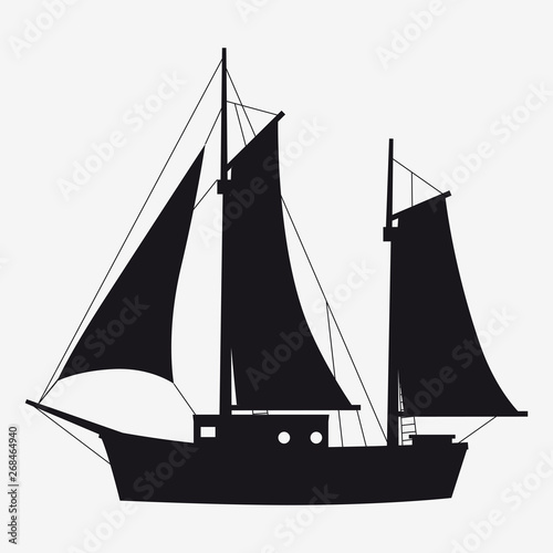 Icon sailboat, boat, yacht side view silhoutte. Vector isolated
