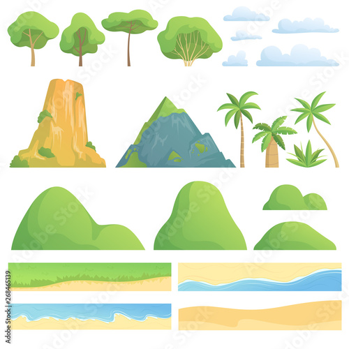 Landscape constructor. Creation kit with trees bushes mountains hills clouds coast sand and grass vector cartoon collection. Mountain and tree, plant and river, hill and rock illustration