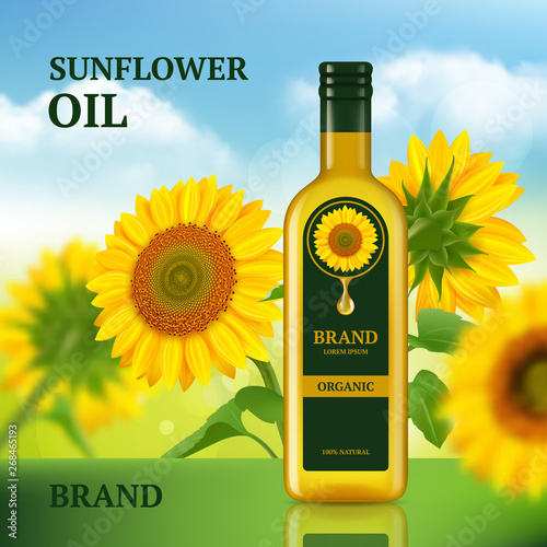 Sunflower oil. Advertizing design template for magazine chef liquid product in bottle vector background realistic. Oil bottle sunflower, organic cooking illustration