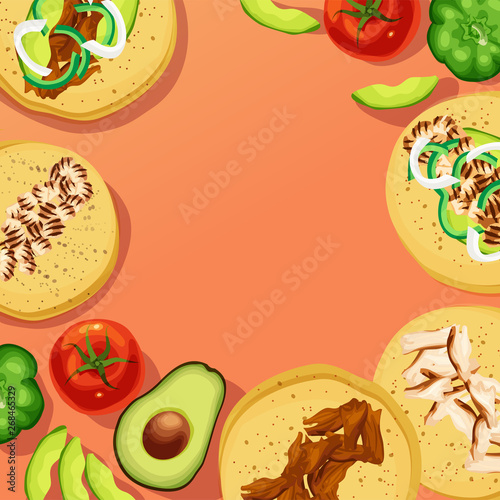 Chicken, Beef, Pork Street Tacos on Corn Tortillas with Avocados, Tomatoes, and Bell Peppers arranged in a circular shape. Red orange gradient background.