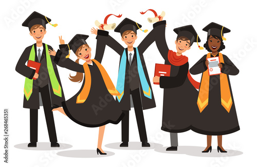 Graduation of happy international students vector illustration. Graduation young student girl and boy, education university or college