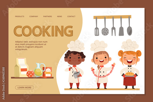 Cute kids chefs - cooking landing page banner template with cartoon character children and utensils. Web banner boy and girl, child chef cartoon illustration