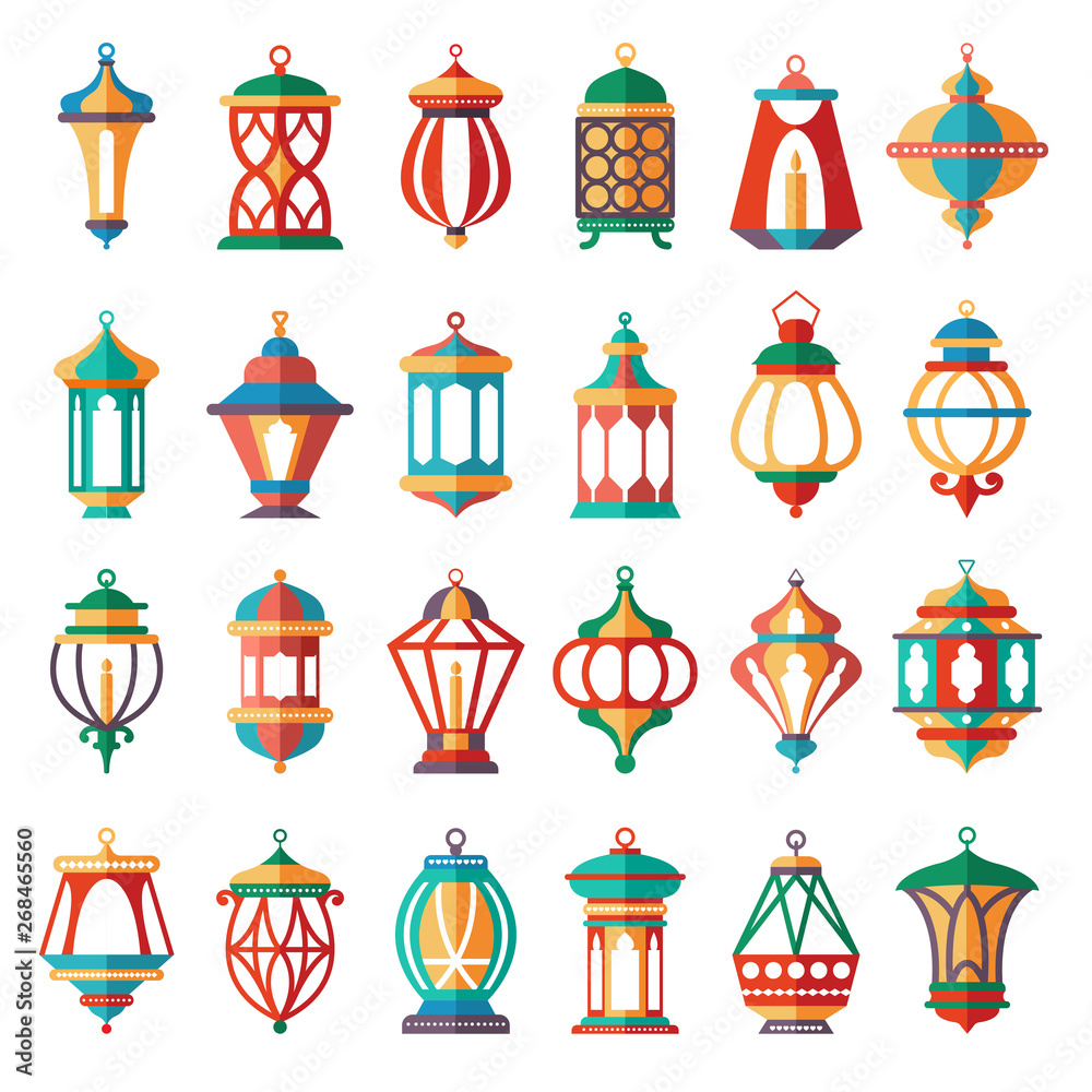 Arabic lamps. Old light muslim islamic lanterns vector cartoon colored collection isolated on white Arabic lamps. Old light muslim islamic lanterns vector cartoon colored collection isolated on white