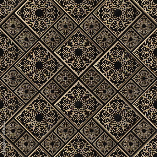 Islamic vector design. Seamless pattern oriental ornament. Black and golden textile print. Floral tiles.