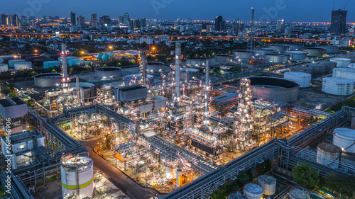 Aerial view oil refinery, Construction refinery plant building view from above, Business chemical refinery factory at night, Power and energy background concept.