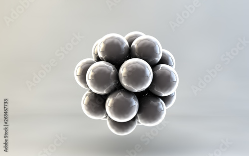 Abstract 3d molecule or atom. Realistic Spheres Background Close Up. Backdrop of metall balls, bubbles. Jewelry cover concept. 3d rendering. Decoration element for design.