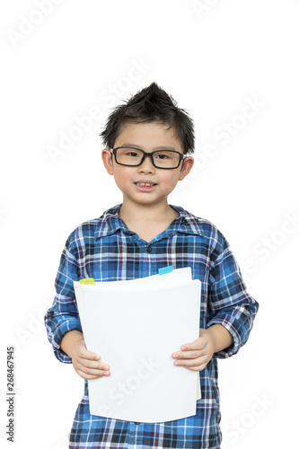 Asia kid waring glasses ready for a classroom on white background on isolated, Back to school