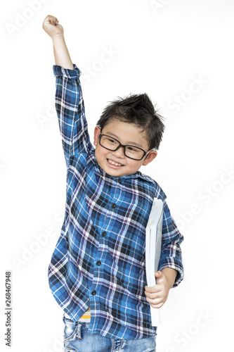 Back to school. Cute boy in glasses having cheerful when time to school on white background on isolated