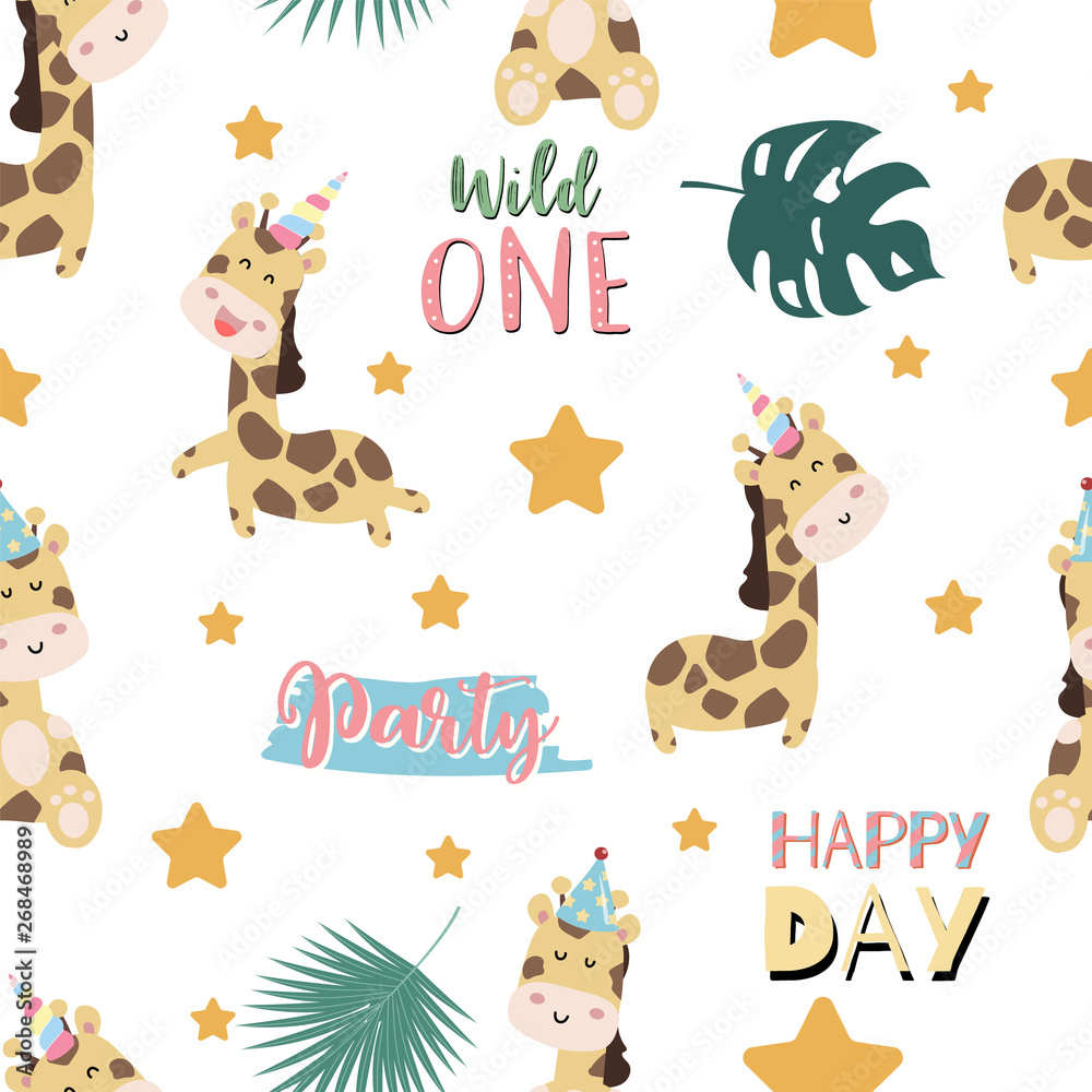 Fototapeta premium Green pastel seamless pattern with giraffe smiling,horn,star. Wording are wild one,party and happy day