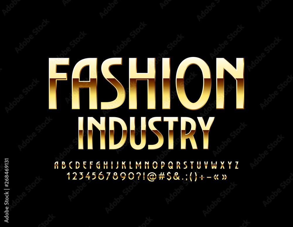 Vector stylish Emblem Fashion Industry with luxury Golden Font. Elegant Alphabet Letters, Numbers and Symbols 