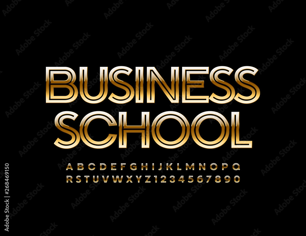 Vector elite banner Business School with Golden Alphabet Letters and Numbers. Uppercase modern Font 