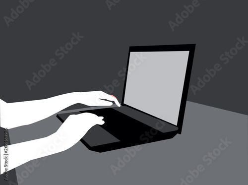 hands at work on a laptop keyboard. black and white vector illustration