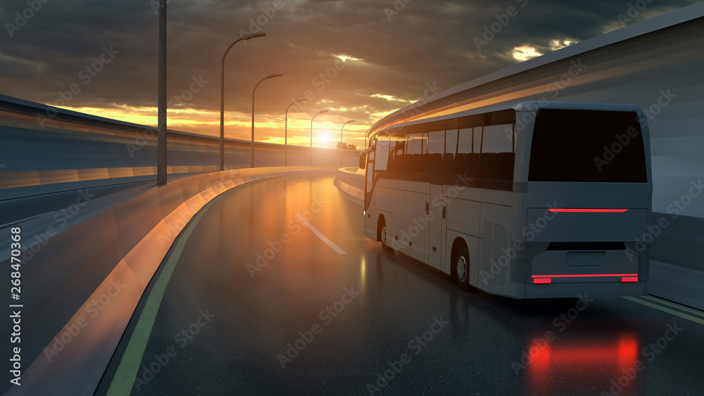 Tourist white bus driving on a highway at sunset backlit by a bright orange sunburst under an ominous cloudy sky. 3d Rendering