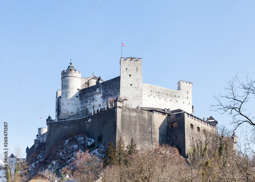 A close up mid winter view of Hohensalzburg Fortress, Salzburg, Austria.  The fortress sits atop the Festungsberg a small hill.