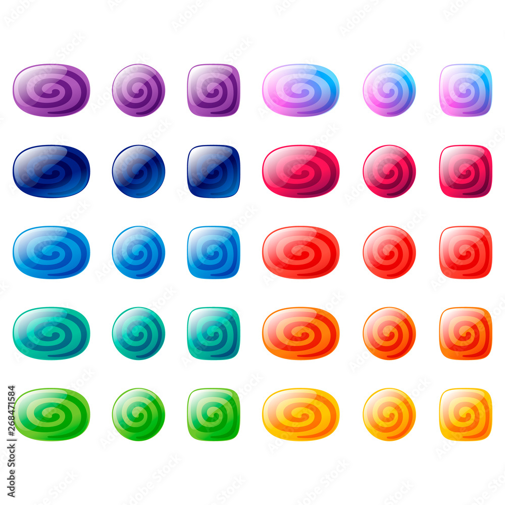Colorful oval, rounded square and circle glossy buttons set. Vector assets for web or game design, app buttons, icons template isolated on white background. Colorful oval, rounded square and circle glossy buttons set. Vector assets for web or game design, app buttons, icons template isolated on white background.