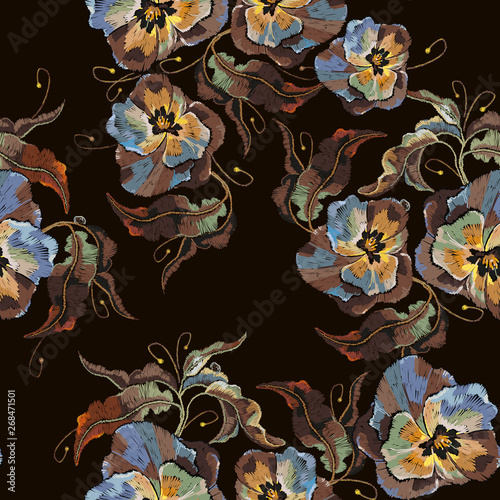 Fototapeta Naklejka Na Ścianę i Meble -  Vintage violets flower embroidery seamless pattern. Fashionable template of clothes