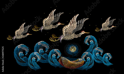 Embroidery pack of asian cranes flies over sea. Japan art. Template for clothes, t-shirt design
