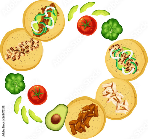 Chicken, Beef, Pork Mexican Street Tacos on Corn Tortillas with Avocados, Tomatoes, and Bell Peppers arranged in a circular shape on a white background.