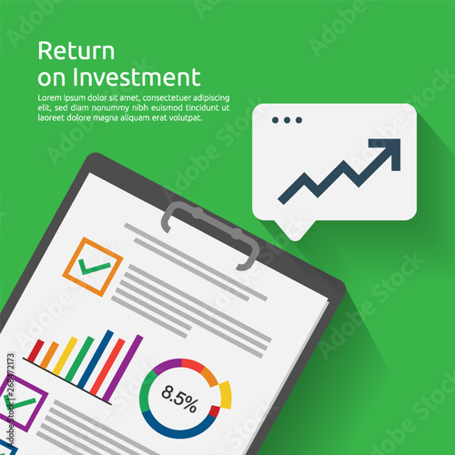 Return on investment ROI concept. business document report with growth arrows to success. chart increase profit. Finance stretching rising up. banner flat style vector illustration